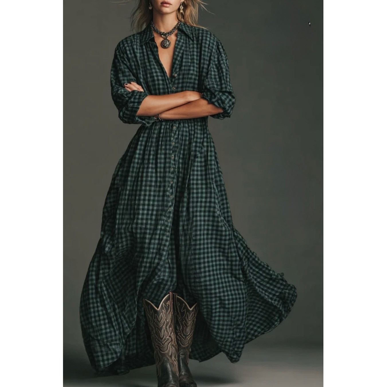 Modesees Women Green Plaid Long Sleeve Shirt Maxi Dress Mda1241h2y Xs Nwt